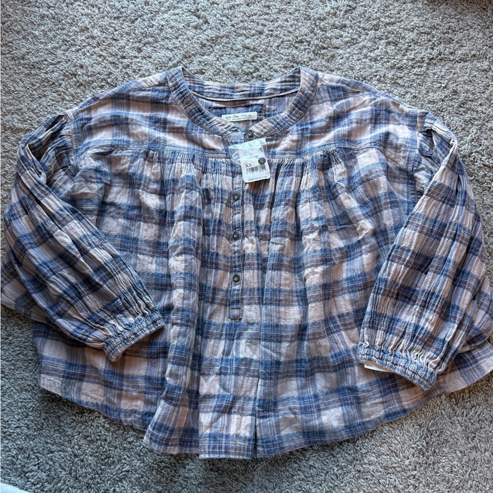 We The Free Plaid Button-Front Peasant Top - Blue & Cream